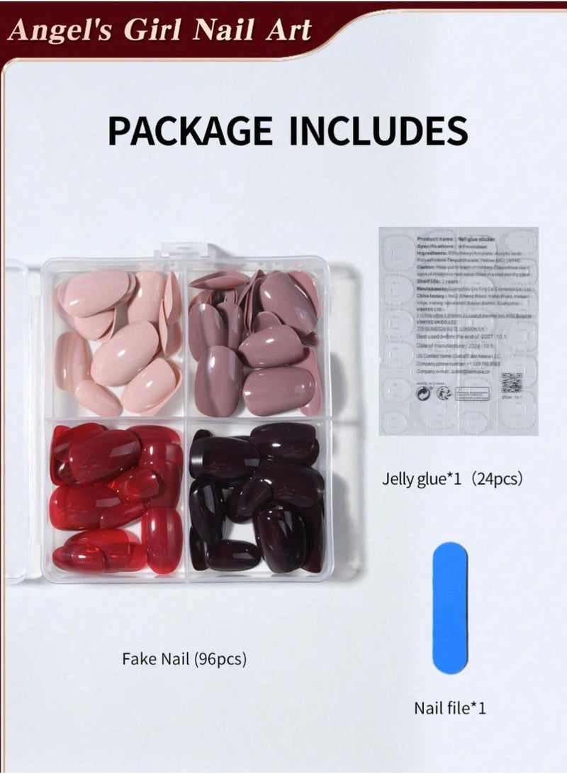 Shein 96Pcs/Box (4Mixed ) Short Oval Brown & Black & Red Colors Tip Press On Nails Short Acrylic Nail Tips Full Cover False Nail ,Contain 1Pc Jelly Glue And 1Pc Nail File,With Storage Box As For Suitable For Women And Girls Daily Life And Party Use Nail Supplies Nails - Image 4